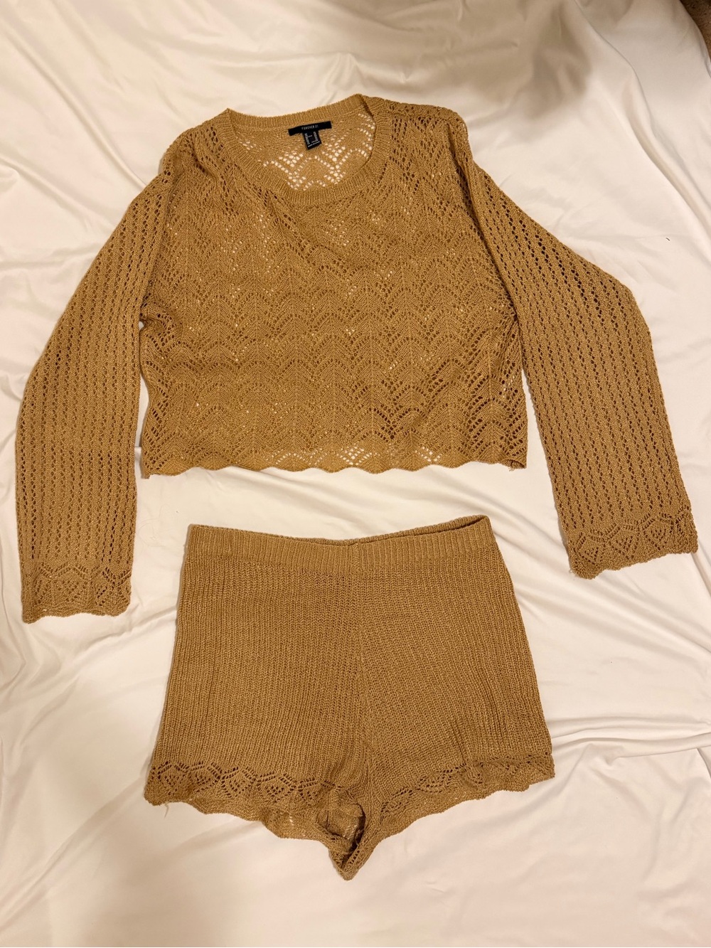 Forever 21 Mustard Knit Cropped Sweater & Shorts Set